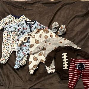 Baby boy 0-3month sports print clothing bundle with Zutano 6mon booties
